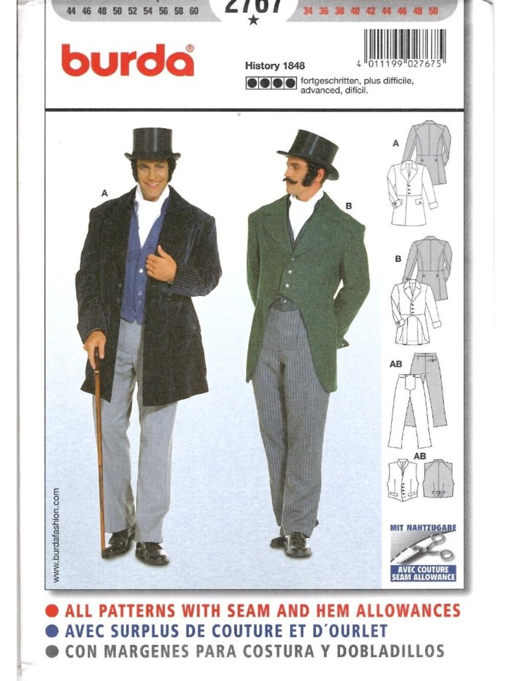 Burda 2767 Mens 34 to 50 Victorian Costume Uncut Sewing Pattern